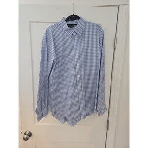 #158 Lands End No Iron Pinpoint Oxford Blue Striped Men's Button Up Shirt
